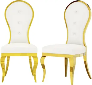 AUZ Gold Dining Chairs Set of 2, White Faux Leather Dining Chairs with Gorgeous Carbriole Legs, High Back Upholstered Kitchen and Dining Room in Button-Tufted