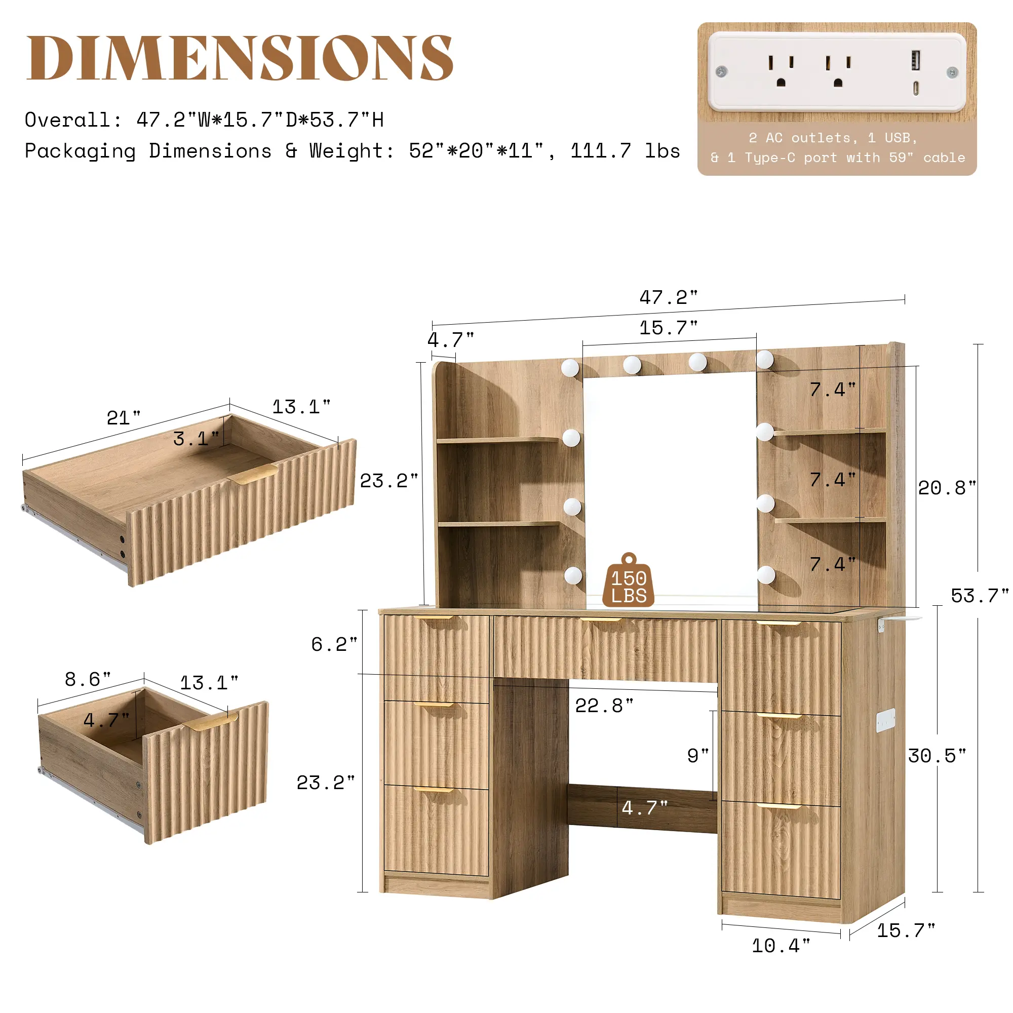 47in Vanity Desk with Small Mirror and 7 Drawers