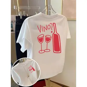 Vino Graphic Tee Wine Bottle And Glass Print Cute Funny Womens T Shirt Casual Loose Fit Crewneck Short Sleeve Soft Summer Top Going Out