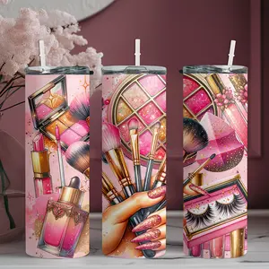 1pc 20oz stainless steel water bottle, Leakproof Insulated Tumbler, printed with beauty style illustrations and a makeup brush holding straw design, suitable for fitness, travel, driving, and daily use at home. A great gift for family and friends.