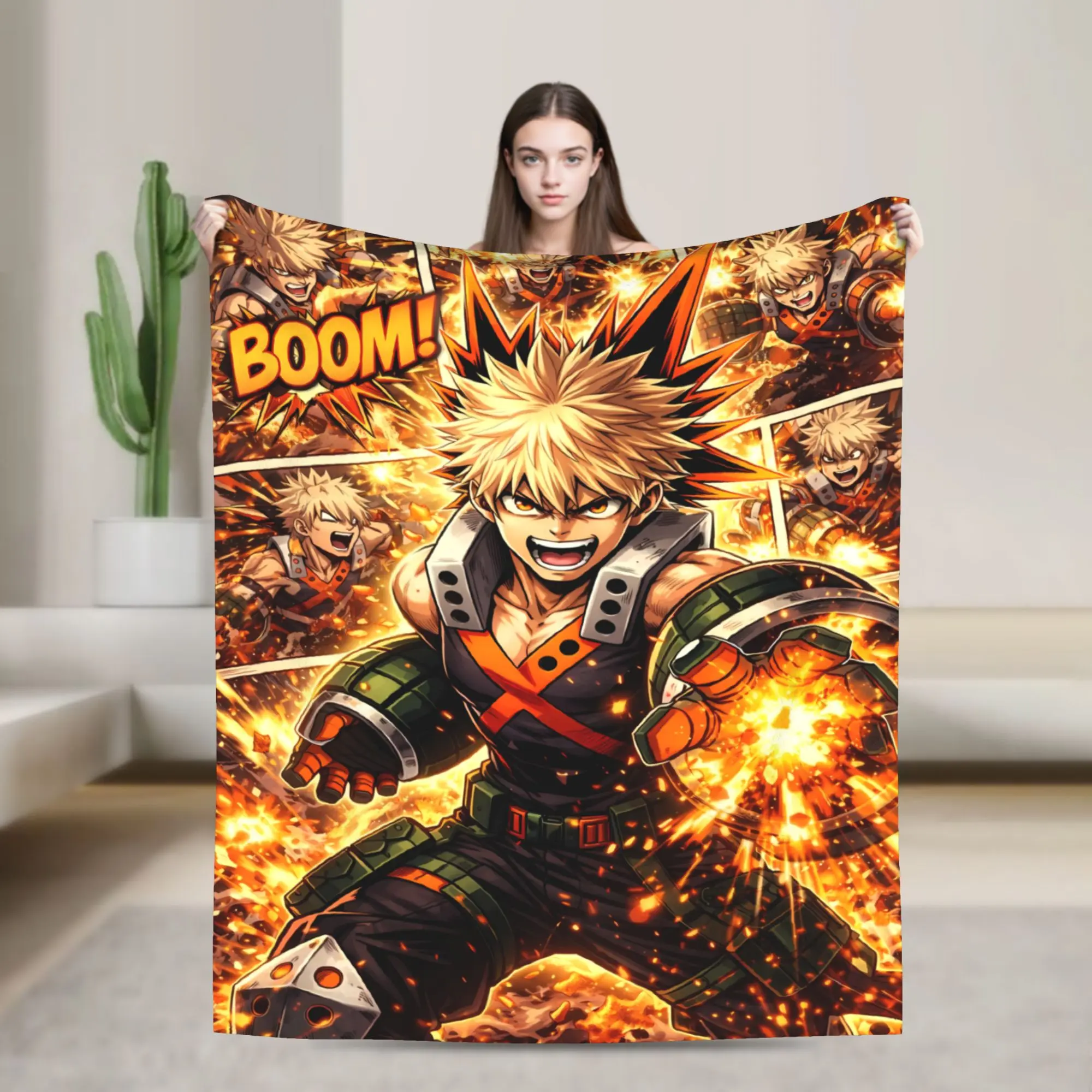 My Hero Academia Bakugou Katsuki Explosion Artwork Flannel Throw Blanket - Ultra-Soft, Lightweight, Breathable, Cozy Warm Textile for Anime Fans, Bedroom Couch Decor Gift, My Hero Academia Artwork Throws