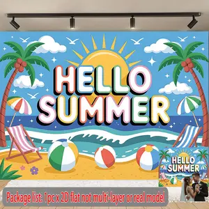 Summervibes 2D Flat - 2D Flat - 2D Flat Banner, 1pc Hello Summer Beach Scene Wall Background Cloth, Suitable for Home Offices, Indoor And Outdoor Decoration, Large Wall Decoration, Props And Party Supplie