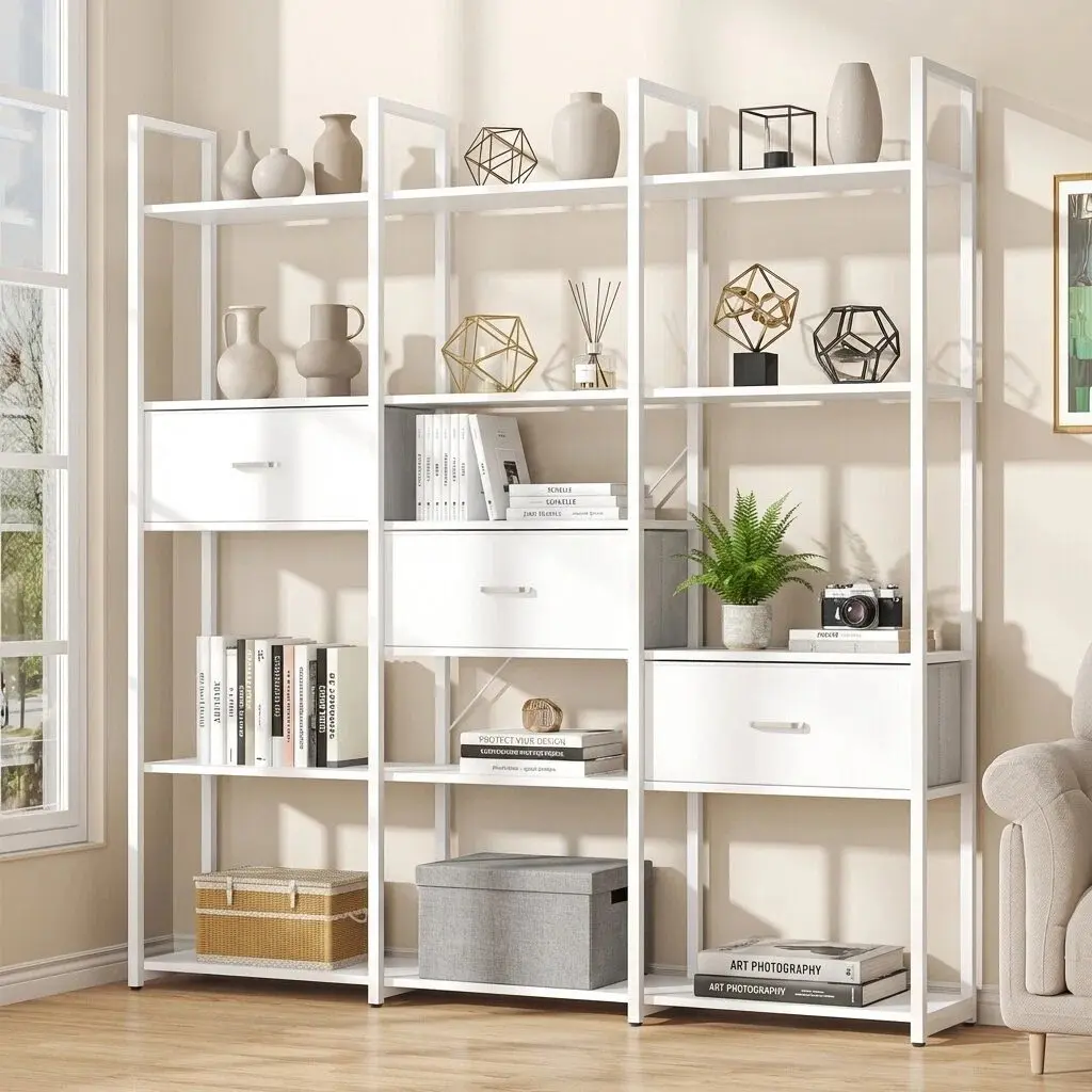 5-Tier Bookshelf with 3 Fabric Drawers – Tall Open Shelf Display Unit with Hidden Storage, Modern Style Frame, Ideal for Living Room, Bedroom, or Office