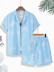 Men's Light Blue Tropical Palm Tree Print 2-Piece Loungewear Set - Short Sleeve Camp Collar Shirt & Matching Drawstring Shorts, Soft Breathable Fabric, Relaxed Fit for At-Home Lounging, Lazy Weekends & Casual Evenings