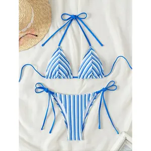 Two-piece Women's Striped Tie-Back Bikini Set, Casual Fashion Chic Halter Neck Swim Bra & Tie-Side Swim Panty Swimsuit for Summer, Ladies Bathing Suit for Beach Holiday, Swim Top Set, Striped Bikini Sets, Halter Neck Swimwear