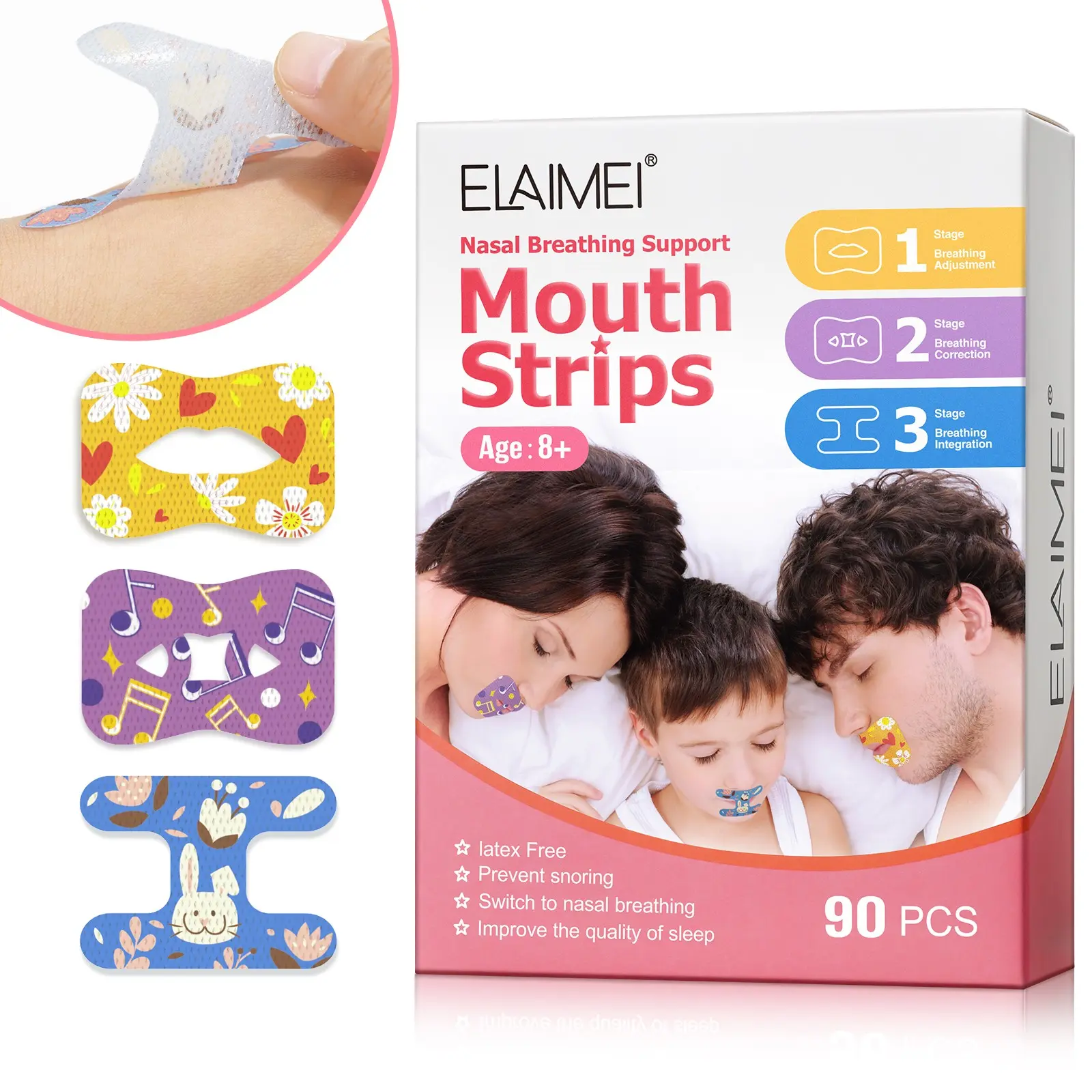 ELAIMEI 3-in-1 Closed-Mouth Patches for Adults and Children (90 pieces), Breathing Correction, suitable for various lip shapes, fits comfortably, correcting mouth breathing and promoting proper nasal breathing, Nasal breathing support