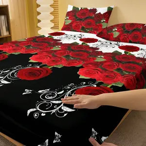 3-Piece Bed Sheet Set, Fashion Rose Print Fleece Sheets, Dust-Proof Bed Cover, Home Textile Bedding, Mattress Protector, Comfortable Fabric