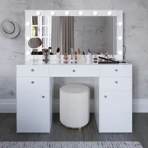 Nocapfurniture Atenea Makeup Vanity with Hollywood-Style Mirror & Built-In LED Lights 5 Drawers Smart Storage USB-C Ports Crystal Knobs Easy Assembly