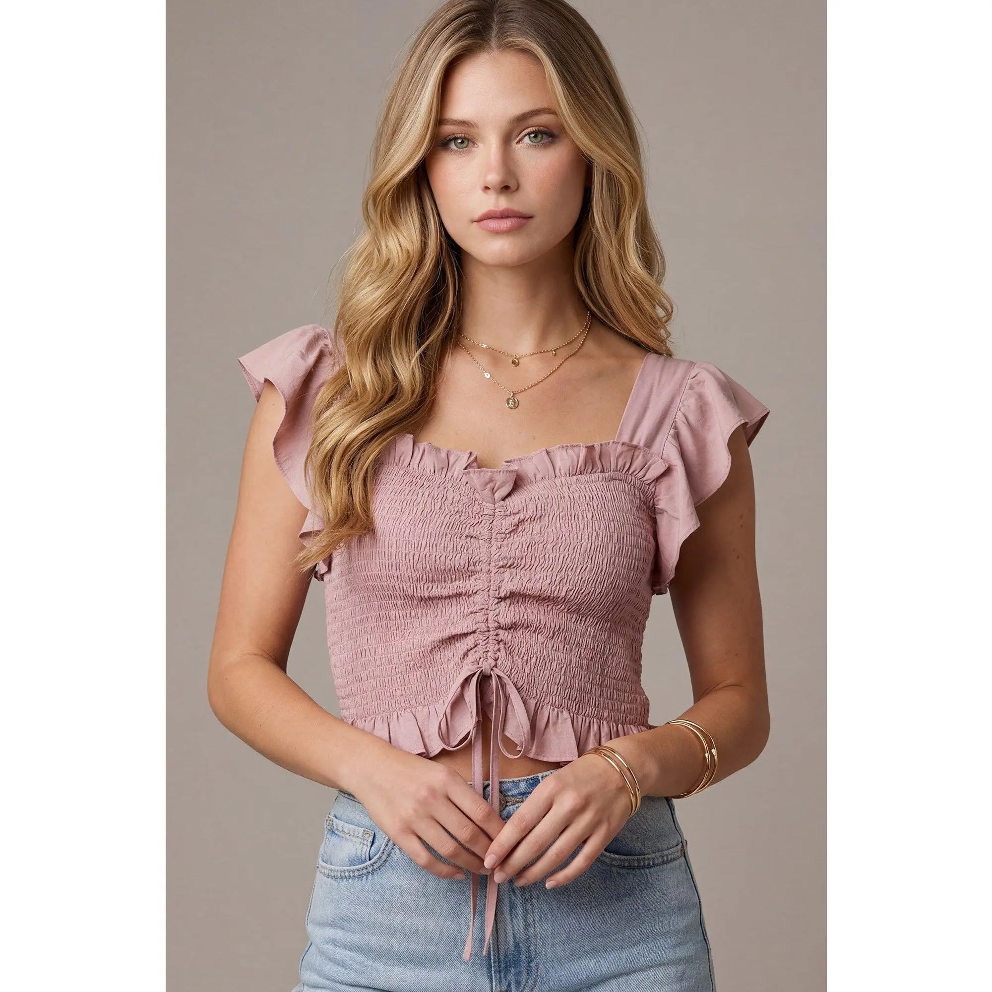 Women's Ruffled Short-Sleeve Woven Smocked Blouse with Front Adjustable Drawstring, Blouses