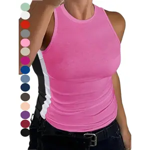 2026 Womens Sleeveless Racerback Holiday Haul High Neck Casual Basic Cotton Ribbed Fitted Tank Top Womenswear