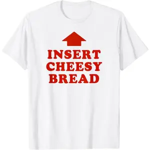 Unisex Cotton Shortsleeve Tshirt - Menswear Streetwear Top, Bold Red "Insert Cheesy Bread" Lettering, Red Arrow Graphic, Breathable Casual Sports Apparel