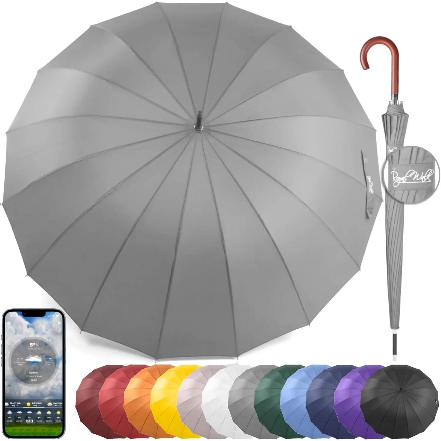 Windproof Large Umbrella for Rain 54 Inch Automatic Open for 2 Persons Wind Resistant Big Golf Umbrellas for Adult Men Women Classic Wooden Handle Fast Drying Strong 16 Ribs Travel 120cm