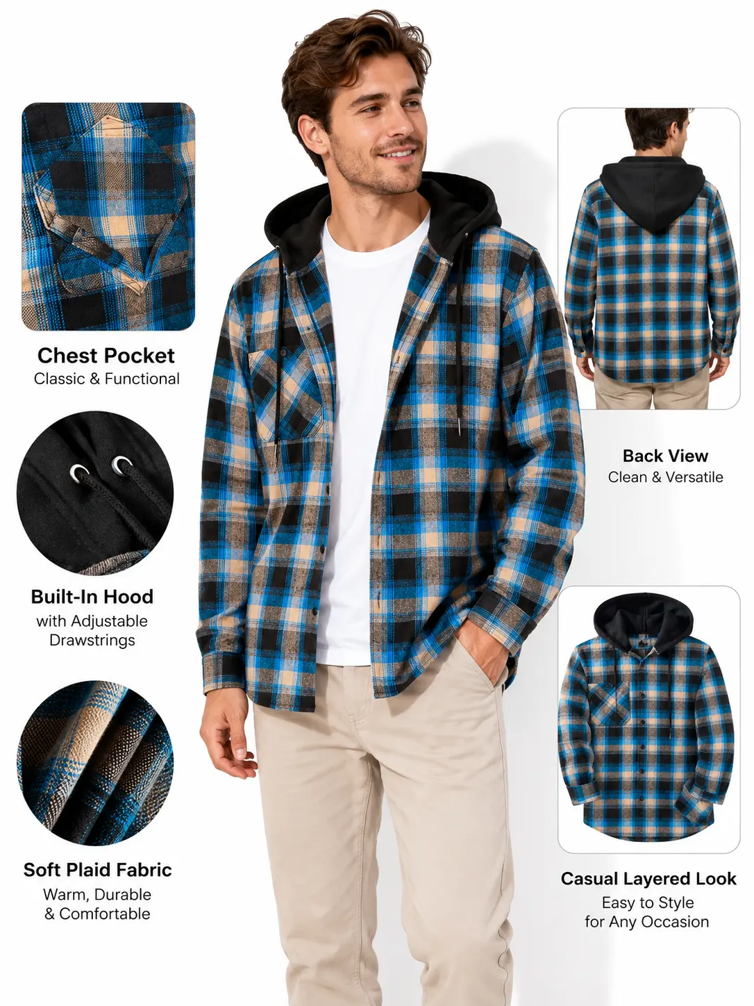 Men's Plaid Hooded Loose-Fitting Long-Sleeve Woven Flannel Shacket - Menswear Casual Streetwear Fall Winter Outerwear Tops for Pairing with Jeans, Joggers, Layered Tees, Shirt, Oversized, Checked