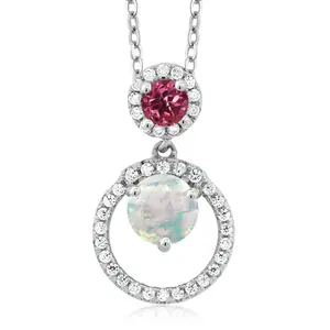 925 Sterling Silver White Simulated Opal and Pink Tourmaline Pendant Necklace For Women (1.14 Cttw, Gemstone October Birthstone, Round Cabochon 6MM and 4MM)