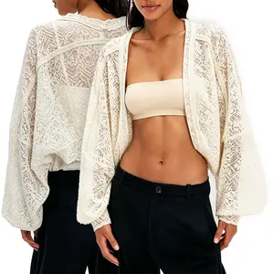Woman's Lace Cropped Cardigan Soft Comfortable Breathable Lantern Sleeve Boho Chic Casual Outfit For Vacation Beach Date Music Festival Daily Wear