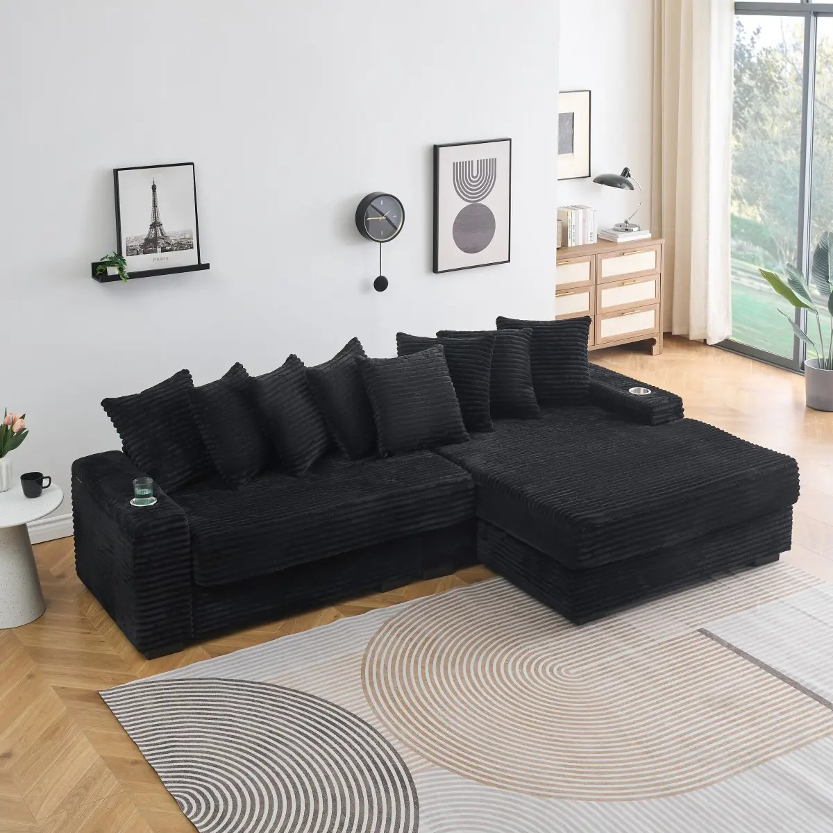 Modern Solid 111.4in Black Corduroy L-Shaped Reclining Sofa - 3-Seat, High-Density Sponge-Cotton Cushions, Armrest with Cup Holders & Storage, Left-Right Reversible Recline, Plastic Accents, Wood Frame, for Living Room, Corduroy Fabric