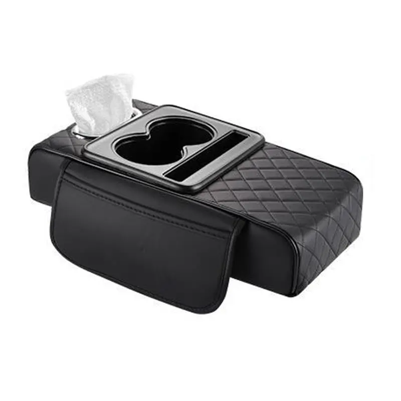 Luxury Textured Leather Universal Car Armrest Cover - Water Resistant Center Console Organizer, Vehicle Accessory with Storage Box, Cup Holder, Tissue Box, Phone Slot, Car Organization Accessories
