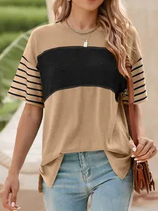 A women's fashionable contrast-colored pullover round-neck casual striped short-sleeved T-shirt top, suitable for summer, perfect for daily street wear and home dressing