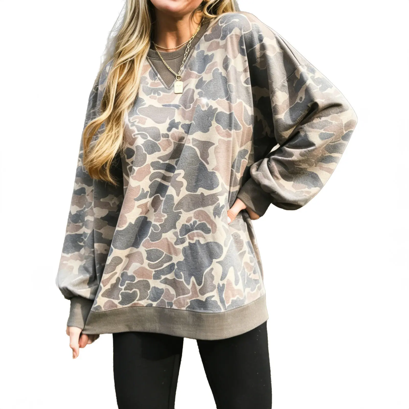 Znacicc Women's Soft Camo Print Pullover Sweatshirt - Oversized Crewneck, Ribbed Edge Detail, Multicolor Womenswear for Campus Days, Weekend Brunch Outfits
