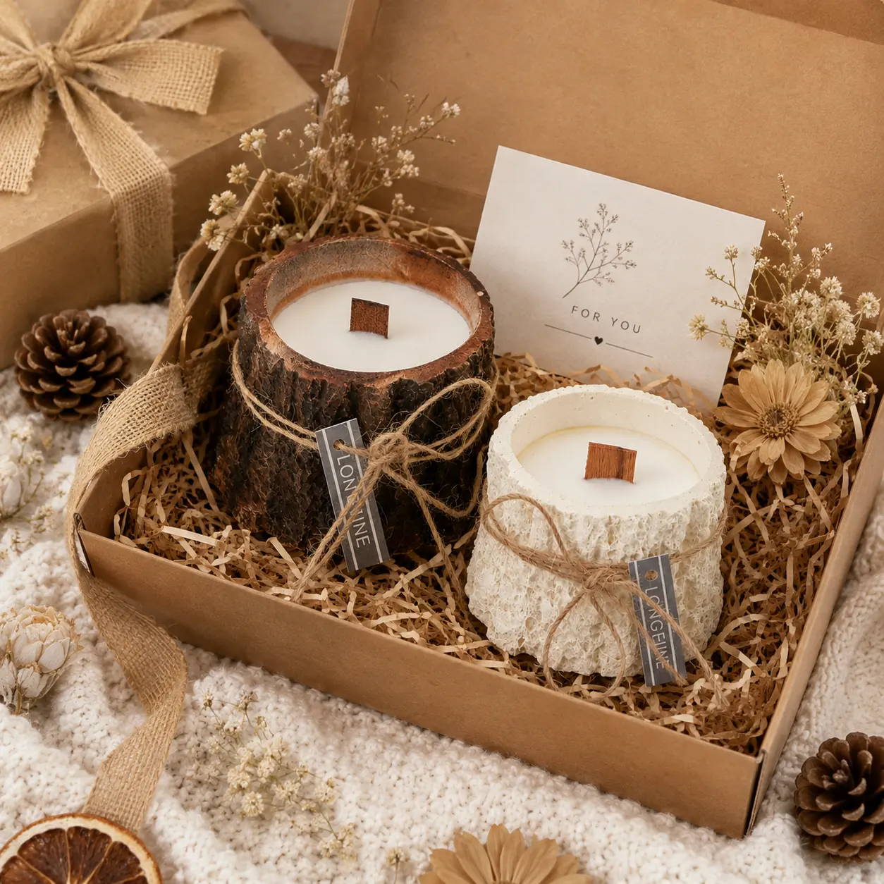 Cozy Wood Wick Candle - Rustic Tree Bark Style Decorative Candle, Brown or White, Farmhouse Home Decor, Fall Table Centerpiece