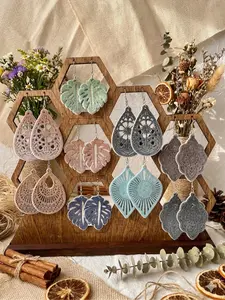 Women's Fashion Earrings Set, Hollow Design Water Drop Leaf Prints Geometric Patterns Wood Plush Earrings, Vintage Bohemian Style, Perfect for Daily Wear