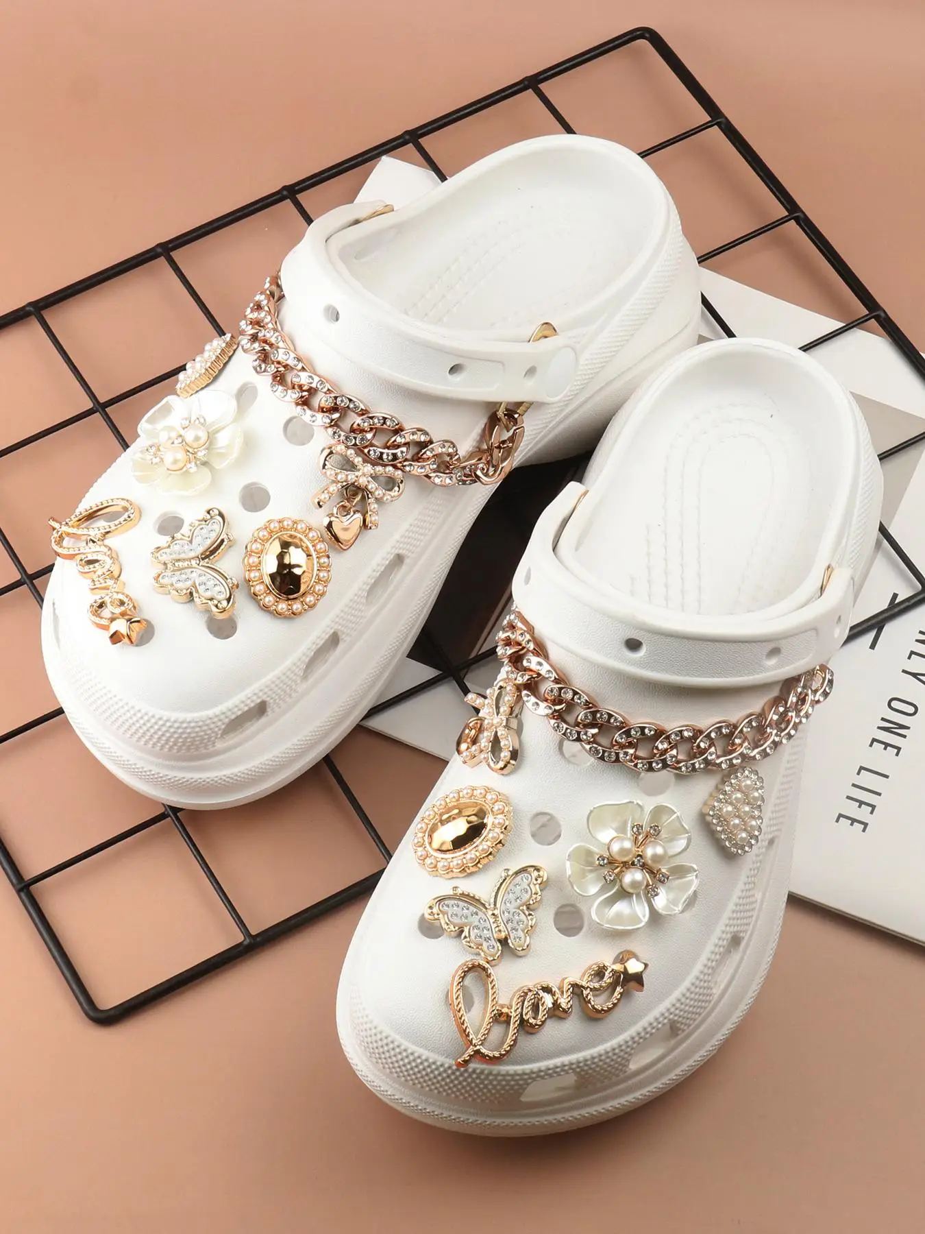 14pcs Fashionable Rhinestone & Letter Decorated Shoes Decorations, Chain & Bowknot Design Shoes Charm For Vented Crocs Clogs Decoration
