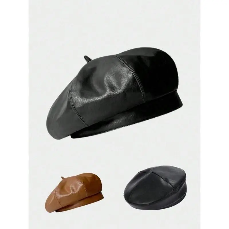 Women's PU Leather Beret Hat - British-Style Pumpkin Shape Artistic Hat with 1 Pocket, Snug Fit Casual Painter Design, 21%-30% PU Content, for Winter Daily Wear & Year-Round Use