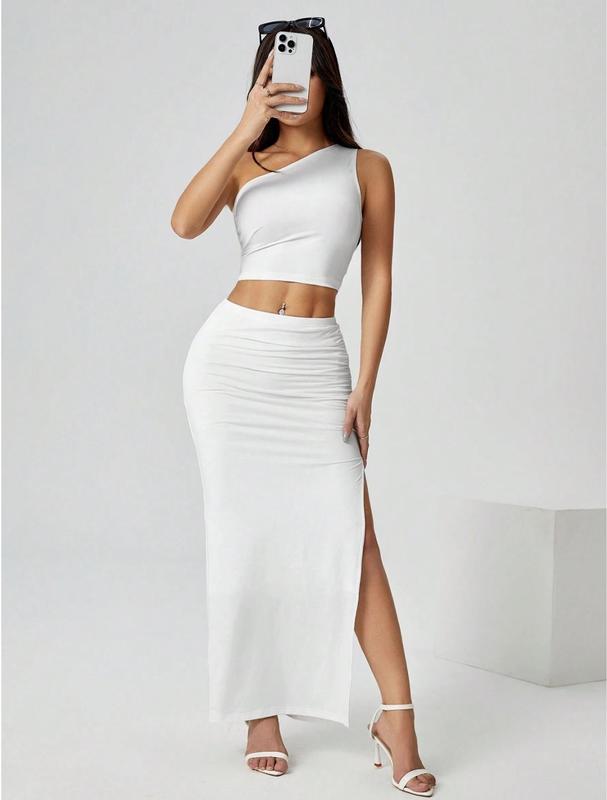 Elegant Ruched Waist Long Skirt for Women - Casual Knitted Fabric with Side Slit for Everyday Comfortable Style - All White Party Wear Womenswear Bottom