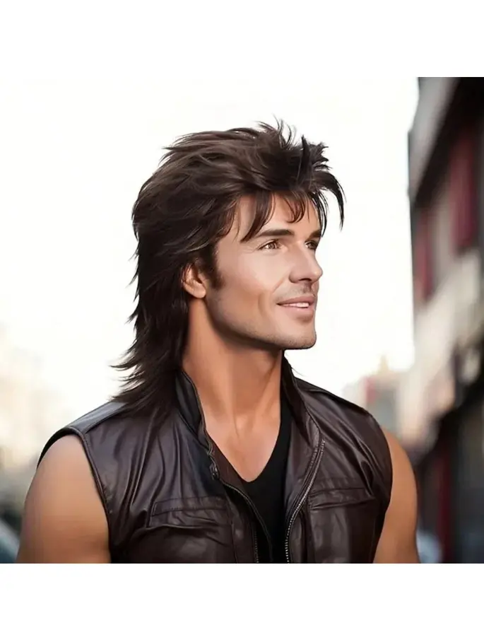 Men's Synthetic Mullet 14in Wig, 70s & 80s Costume Party Hair, Straight Hair, Clothing, Men's Fancy Party Accessories, Role-Playing Wigs Brown, Halloween Wigs