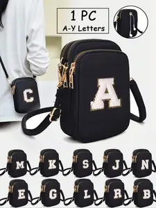 1pc Black Casual Fashion Towel Embroidered White Initials A-Z Crossbody Mini Bag With Mobile Phone Cloth Bag For Women, Girls, Traveling, Returning To School, Gifts, Large Capacity, Fashionable crossbody bag