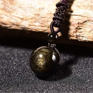 Natural Gold Sheen Obsidian 16mm Round Ball Crystal Pendant Amulet Protection Lucky Men Women Necklaces Gift