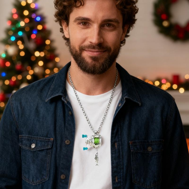 Fishing Reel Necklace, Rotating Handle Swirling Pendant Keychain, Backpack Charm, Keychain for Fishermen