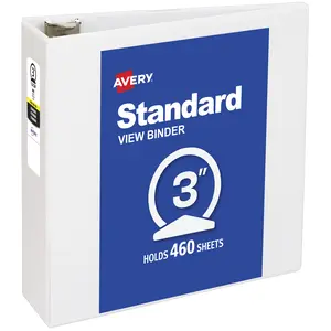 Avery Standard View 3 Ring Binder, 3" Round Rings, 460-Sheet Capacity, 3.5 Inch Wide Spine, 1 White Binder, Ideal for Lightweight Organization and Occasional Referencing (05800)