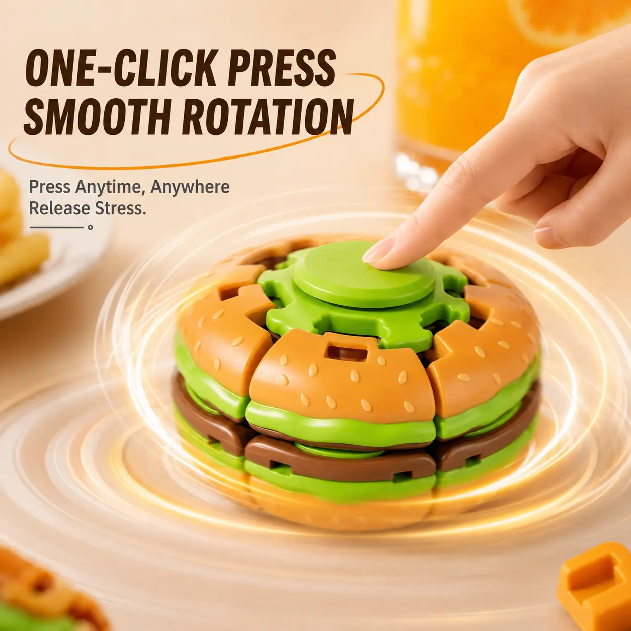 Hamburger Fidget Toy, Press-to-Spin Finger Spinner, Rotating Stress Relief Toy, Novelty Sensory Fidget Toy, Fun Desk Toy for Home, Office & Travel