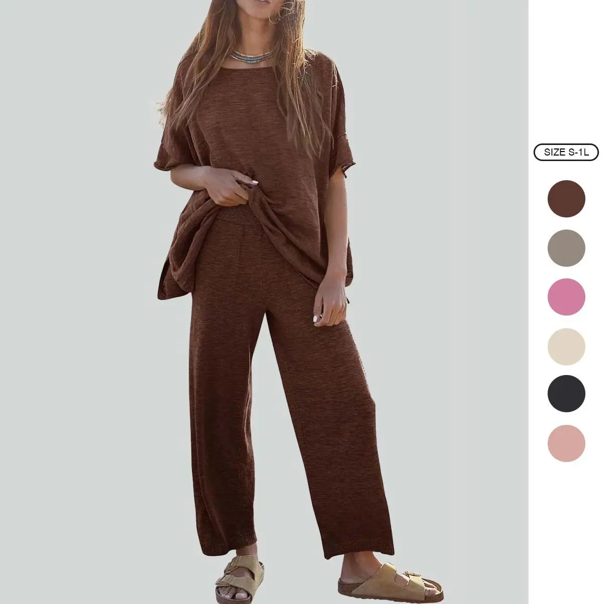 Imily Bela Women's 2 Piece Travel Outfits Casual Short Sleeve Knit Pullover Tops Wide Leg Pants Lounge Sets Tracksuit