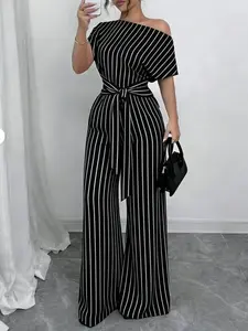 Women's Vertical Stripe Jumpsuit, Asymmetric One Shoulder, Short Sleeves, Waist Tie Belt, Wide Leg Full Length, Office Commute, Date Night, Party Wear, Casual, Breathable Wrinkle-resistant Fabric, Retro Vertical Stripe Style