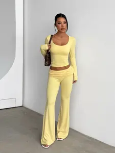 Women's Solid Color Top and Pants Set, Comfortable Round Neck Long Sleeve, Casual, High Stretch Fabric, Slim Fit, Perfect for Valentine's Day, Dates, Parties