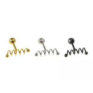 16G Spiral Spring Coil Cartilage Earring Twisted Tragus Bar Ball Screw Labret External Threading Surgical Steel Gold Silver Black