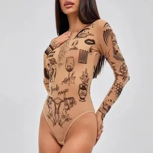 2000s American style mesh see-through pattern print hot girl women's sexy round neck spring and summer casual jumpsuit Bodysuit Womenswear
