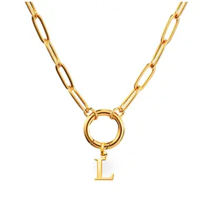 Paperclip Chain Link Circle Carabiner Initial Charm Holder Necklace for Women by Ginger Lyne, 18K Gold Plated Stainless Steel or Silver Tone, Adjustable 18 to 20 Inch, Alphabet Letter Necklace Gift