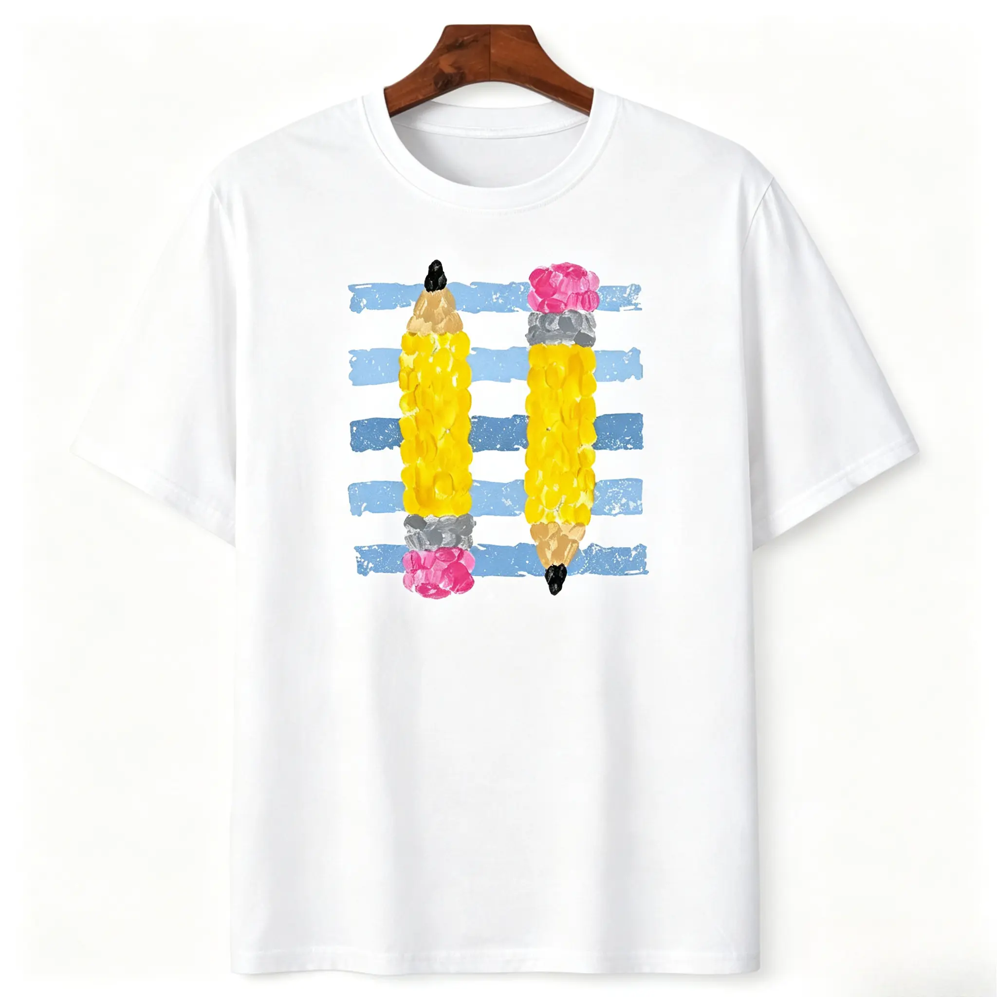 Pencil Paintbrush T-Shirt, Cute Teacher School Graphic Tee, Retro Art Class Pencil Top, Preppy Aesthetic Back to School Outfit, Casual Oversized Apparel