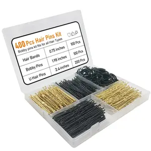 Hair Pins Kit 400 Pcs Including Bobby Pins 100 Pcs U Hair Pins 200 Black Rubber Hair Bands for Girls and Women