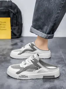 Men's Black & White Functional Mules: Breathable Mesh Design, Casual Mules For Street Style & Commute Footwear Walking Shoes Streetwear Mules