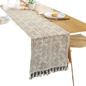 Handmade Crochet Lace Table Runner Vintage Pastoral Style Cotton Thread Hollow Tassel Design for Coffee Table Cabinet Bed Dresser