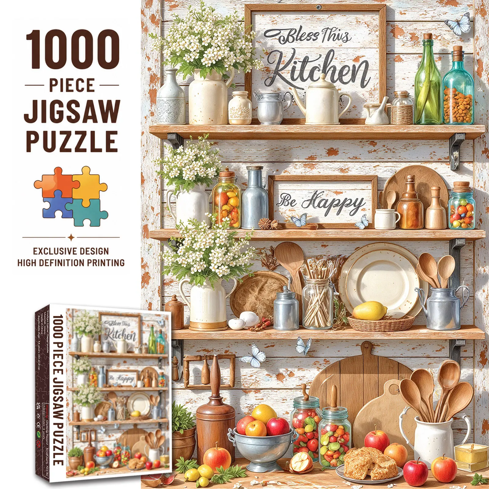 Walarky 1000-Piece Farmhouse Kitchen Jigsaw Puzzle for Adults - Rustic Country Shelves, Flowers, Fruit Jars, Wooden Utensils - Stress Reliever, Brain Game - Gift, Wall Decor (27.5x20in/70x50cm)