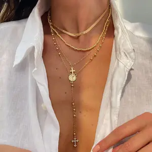 Vacation Style Cross Pendant Necklace Set - Electroplated Zinc Alloy Long Chain Necklaces for Women, Chain Detailing, Decorative Jewelry, Gold-Tone Layered, Edgy Designs, Chain Detailing Necklaces