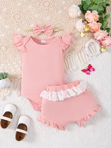 Baby Girls Summer Casual Solid Color Flying Sleeve Romper Tops Lace Docor Shorts Headband 3Pcs Clothes from 3-24M,Ready Stock 132404027