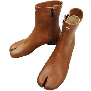 2026 Autumn Split-Toe Shoes Pig's Hoof Shoes Women's Boots Korean Style Niche Chunky Heel Retro Side Zipper Mid-Calf Boots Winter Warm Shoes Black Footwear