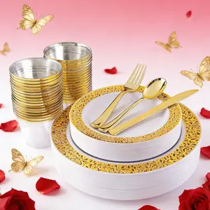 125-Piece Plastic Dinnerware Set, Includes Plates, Dessert Plates, Cups, Cutlery, Perfect for Weddings, Birthdays, Christmas Parties, Dinnerware Service Set