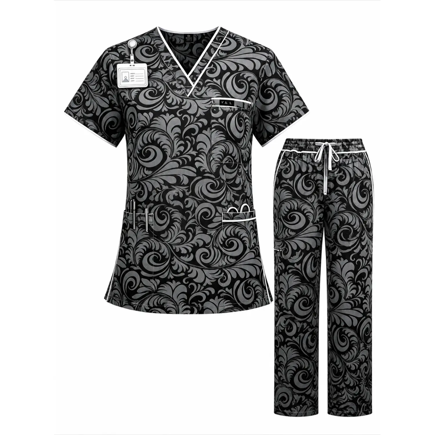 Black Scroll Pattern Nurse Scrub Set - V-Neck Top, Elastic Waist Pants with Multiple Pockets for Medical Work